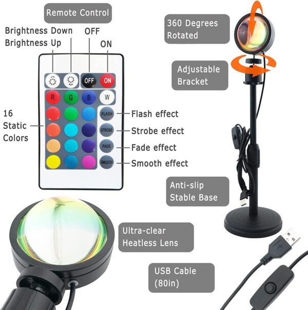 Sunset Lamp (WITH REMOTE) 16 Colors LED Changing 3-in-1 Sunset Light lamp with Multiple Modes, Adjustable Brightness with Remote Control, Sunset Projection lamp Ideal for Kids & Adults - Image 4