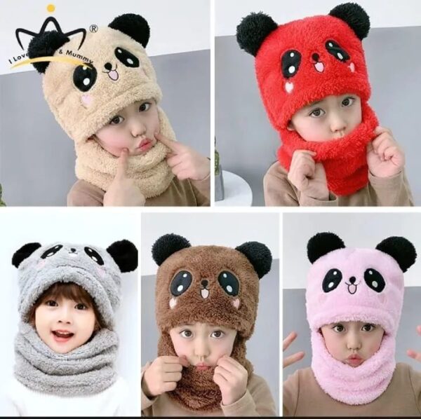 Girls Boys Winter Hat scarf One Piece Cute Warm Ear and neck Protection Winter Warm Fleece Cute Cartoon Panda Hats Windproof