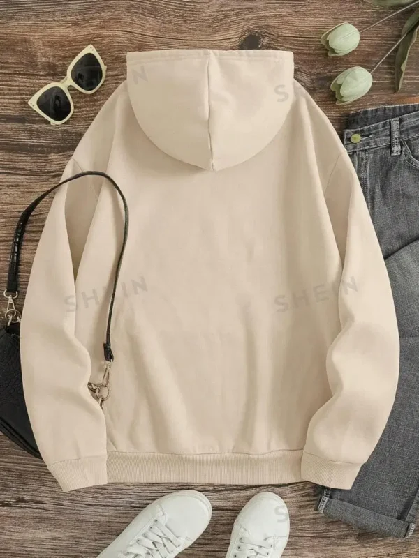 Comfortable Beige Fleece Hoodie - Plain Style for All-Day Wear - Image 2